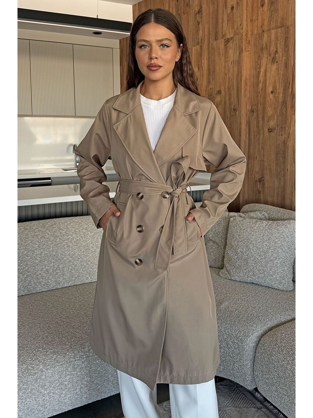 Bej Kadın Bel Kuşak Detaylı Trençkot-1