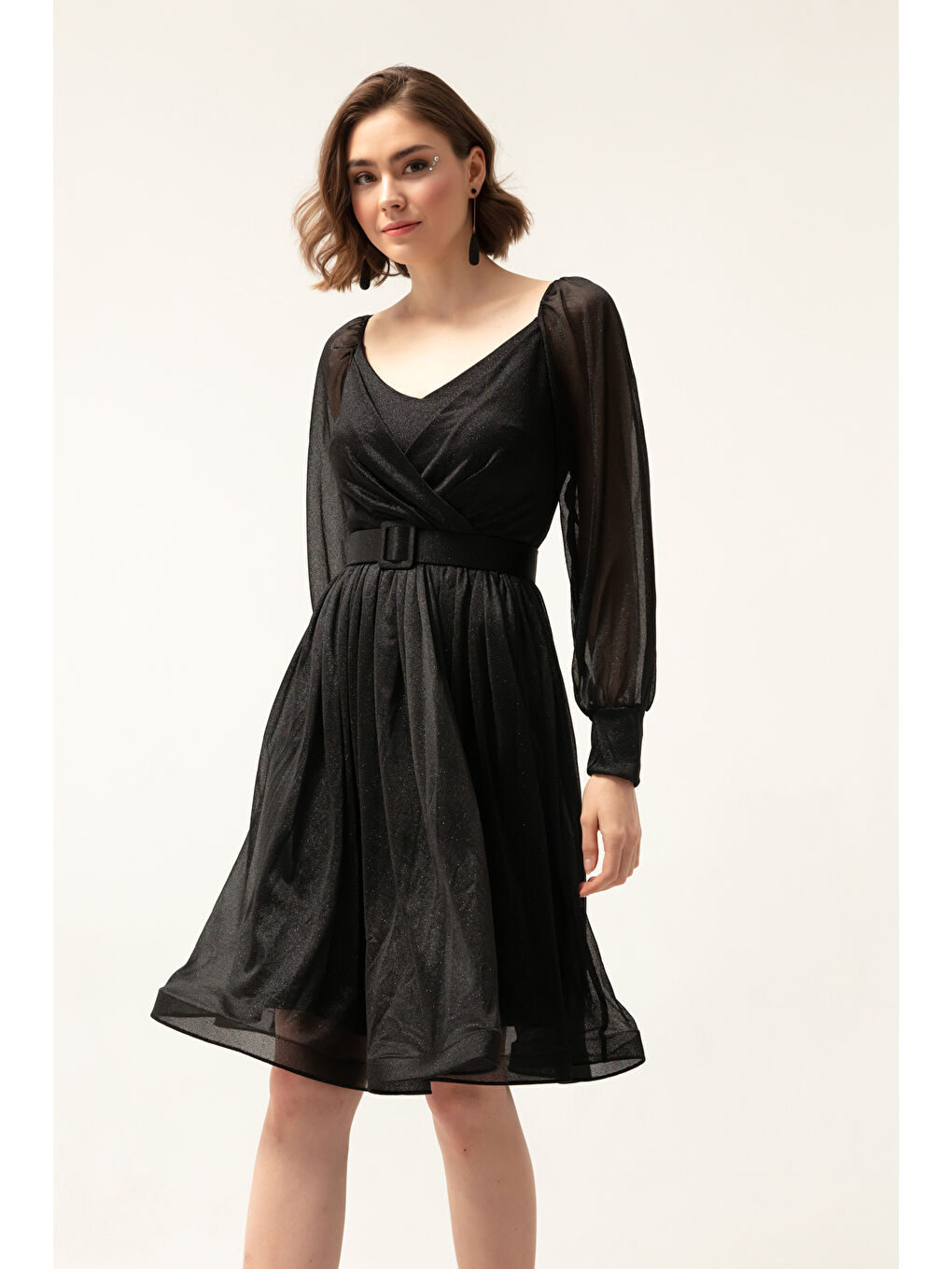 Kadın Siyah Kemerli Midi Simli Abiye Elbise-1