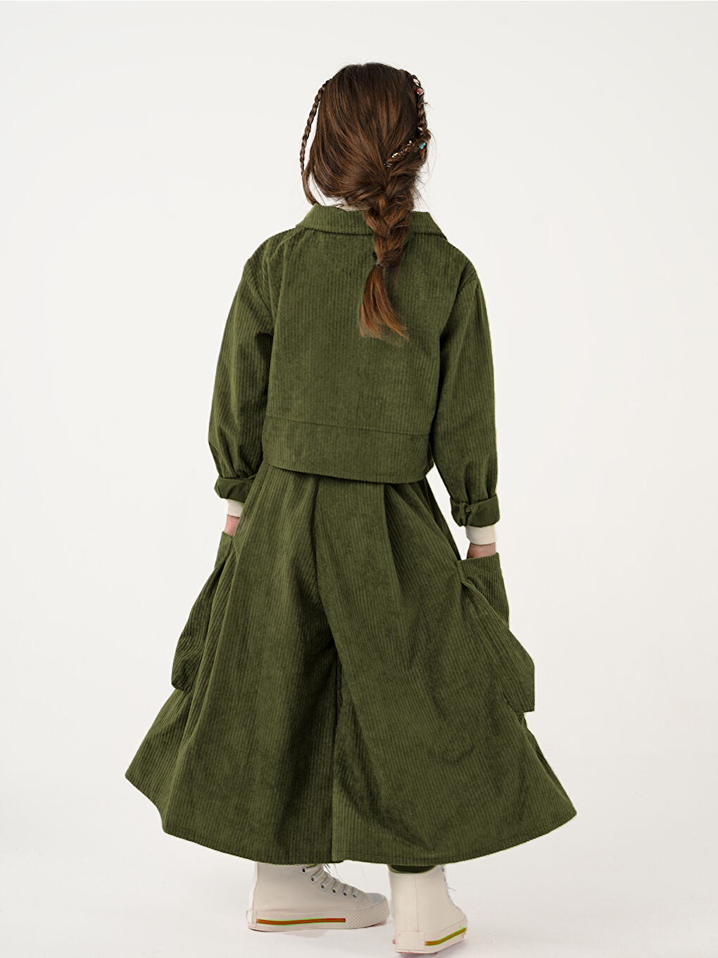 Kız Çocuk Haki Kadife Kali Pantolon Gömlek Takım-2