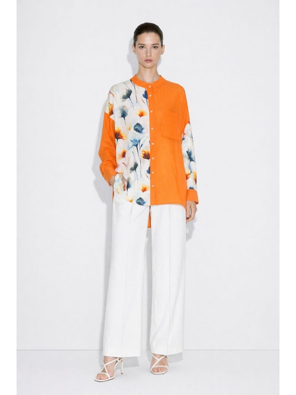 Çiçek Desen Detaylı Hakim Yaka Turuncu Tunik