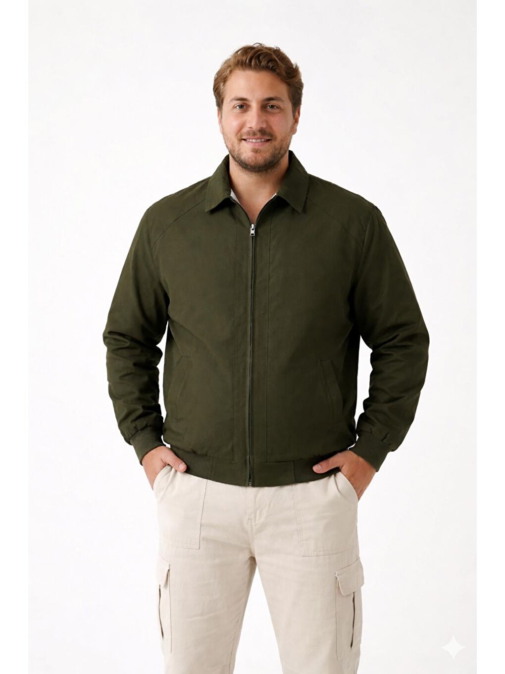 Haki Erkek Dik Yaka Fermuarlı Basic Bomber Mont Ceket