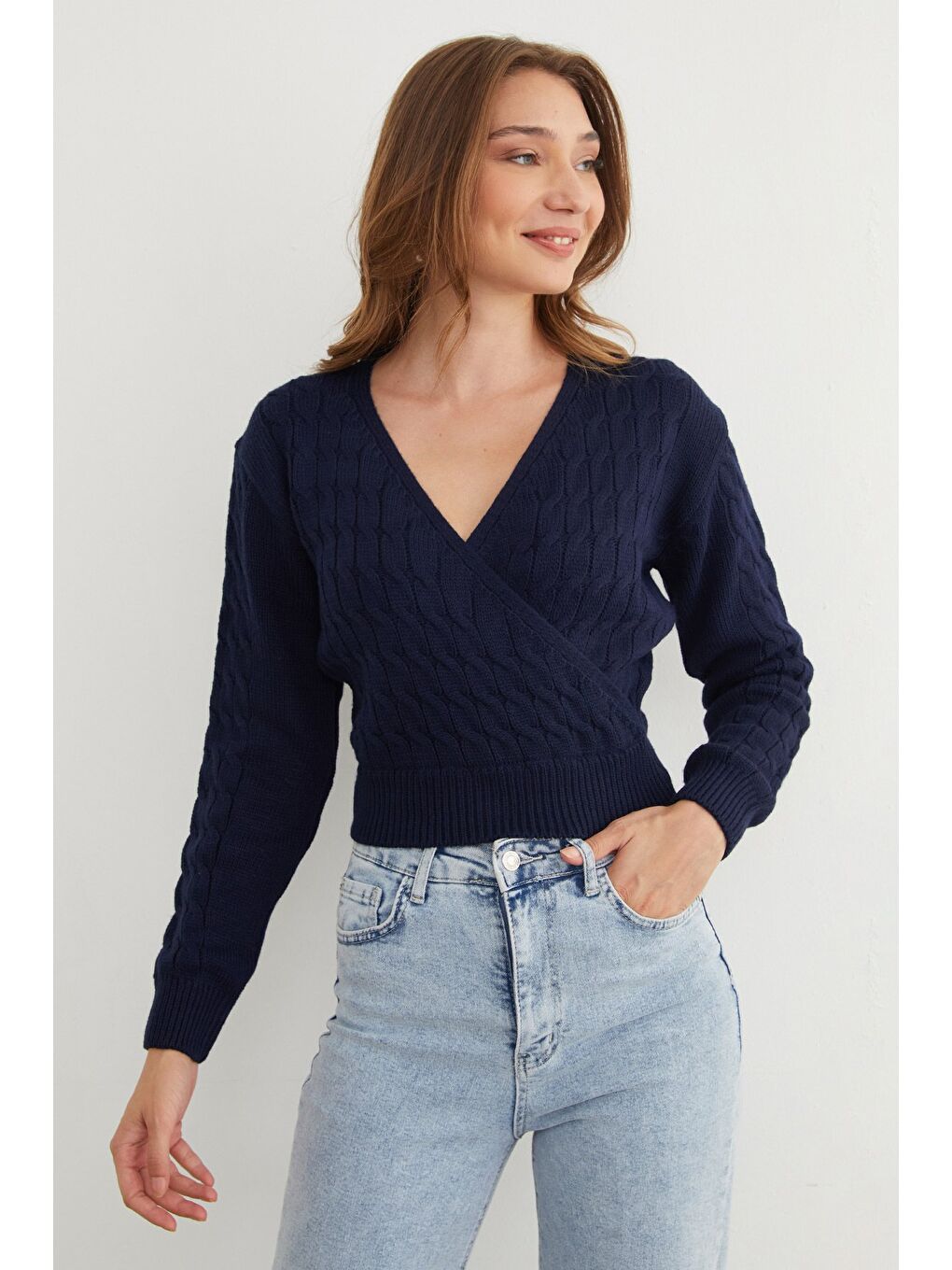 Lacivert Saç Örgüsü Desenli Kruvaze Yaka Triko Kazak-2