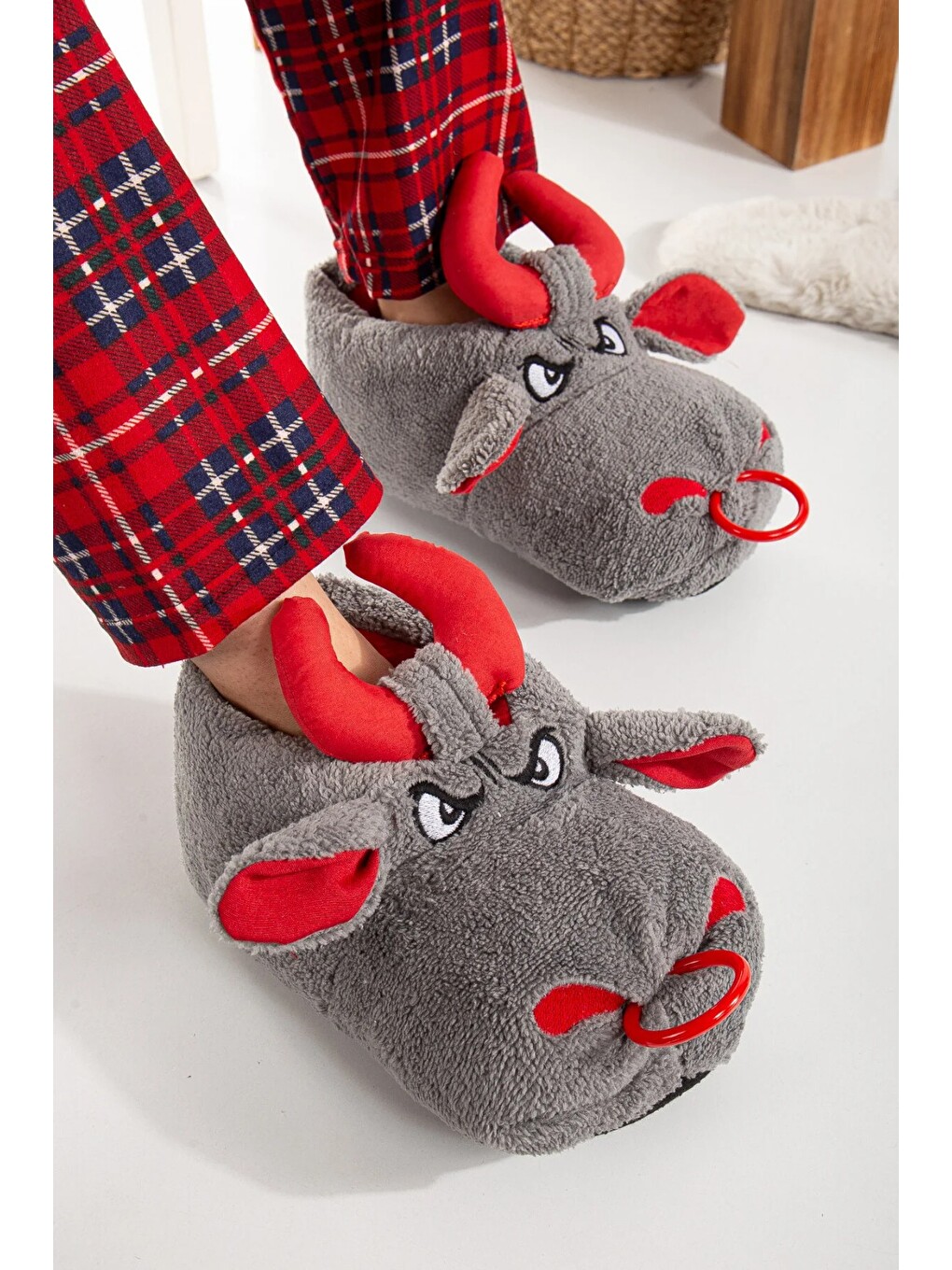 Gri Unisex Hayvanlı Panduf Ev Ayakkabısı Ses Yapmaz Taban-1