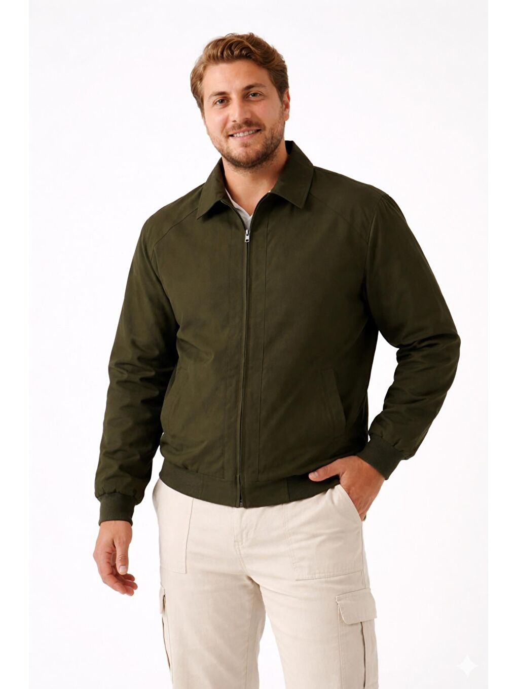 Haki Erkek Dik Yaka Fermuarlı Basic Bomber Mont Ceket-1