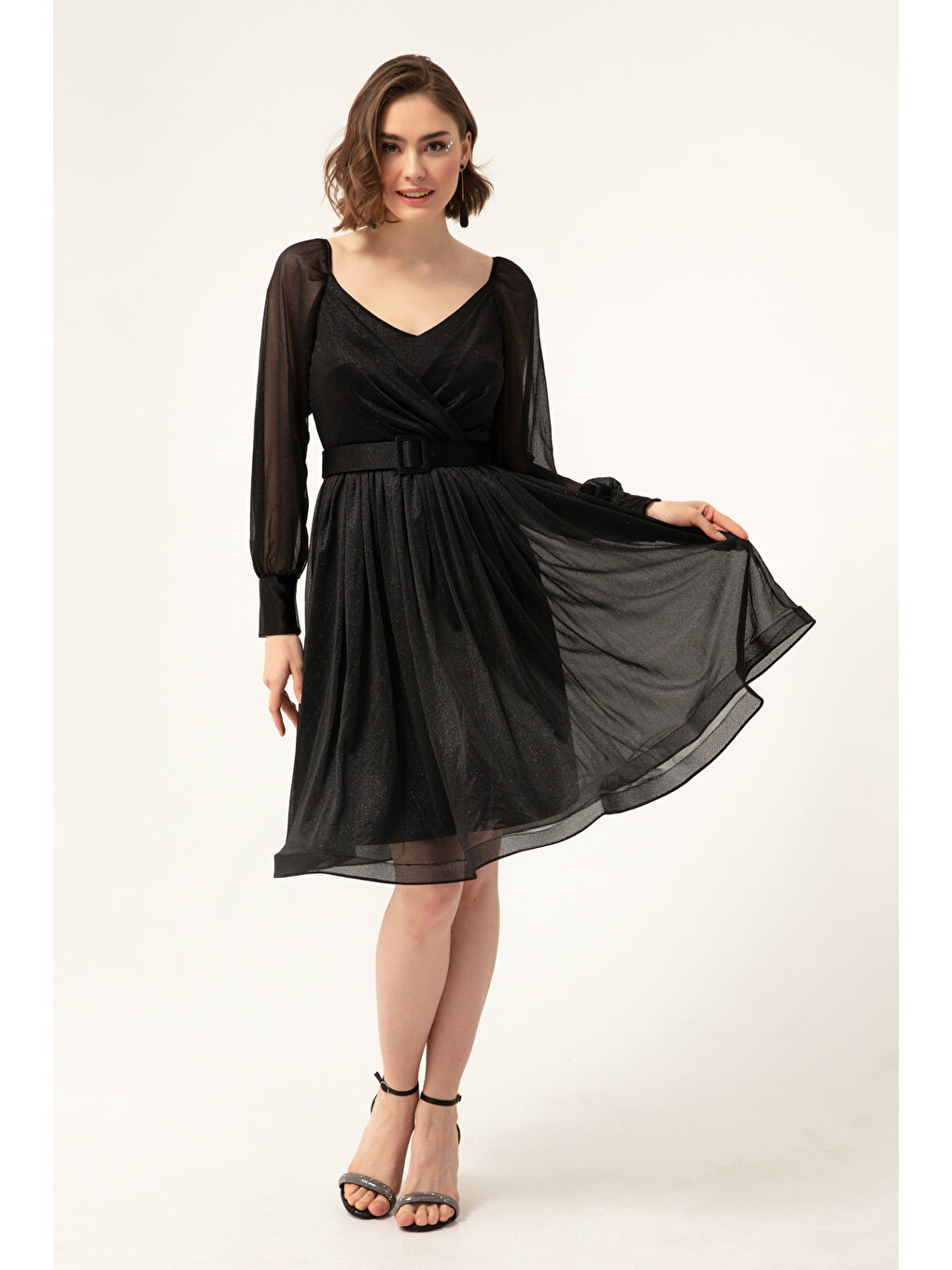 Kadın Siyah Kemerli Midi Simli Abiye Elbise-2