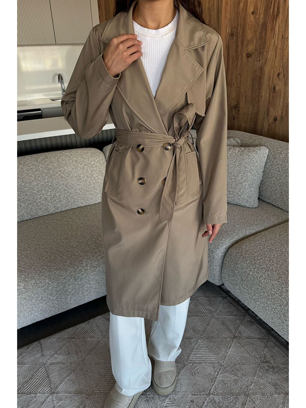 Bej Kadın Bel Kuşak Detaylı Trençkot-2