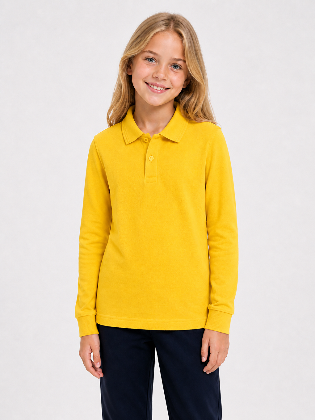Sarı Kids Polo Yaka Basic Uzun Kollu Unisex Kız Çocuk Tişört