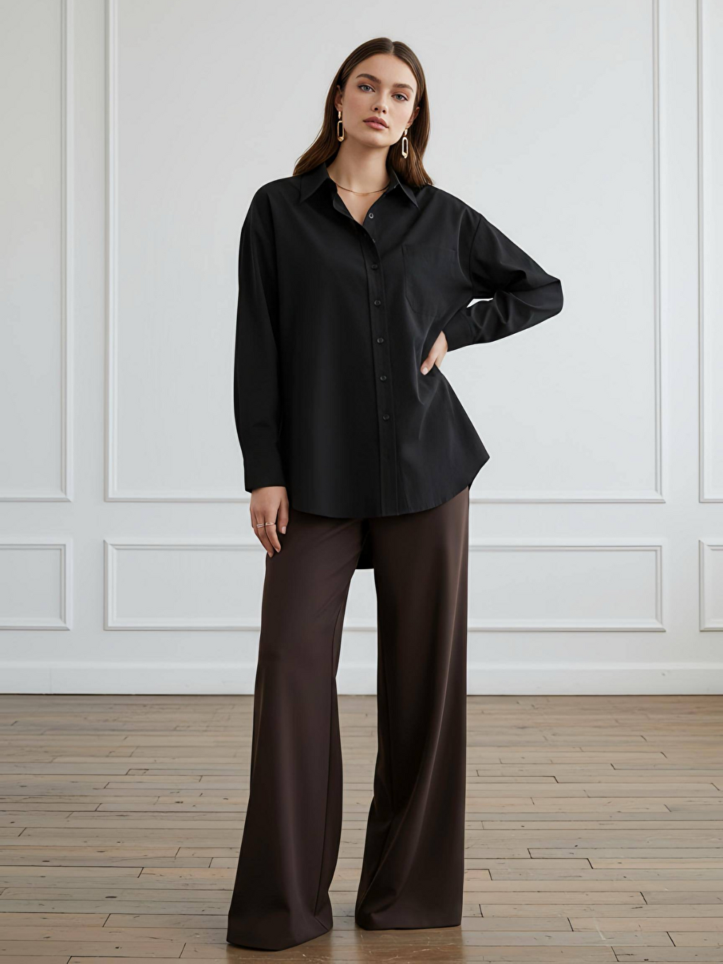 Siyah Oversize Arkası Uzun Önü Kısa Poplin Gömlek