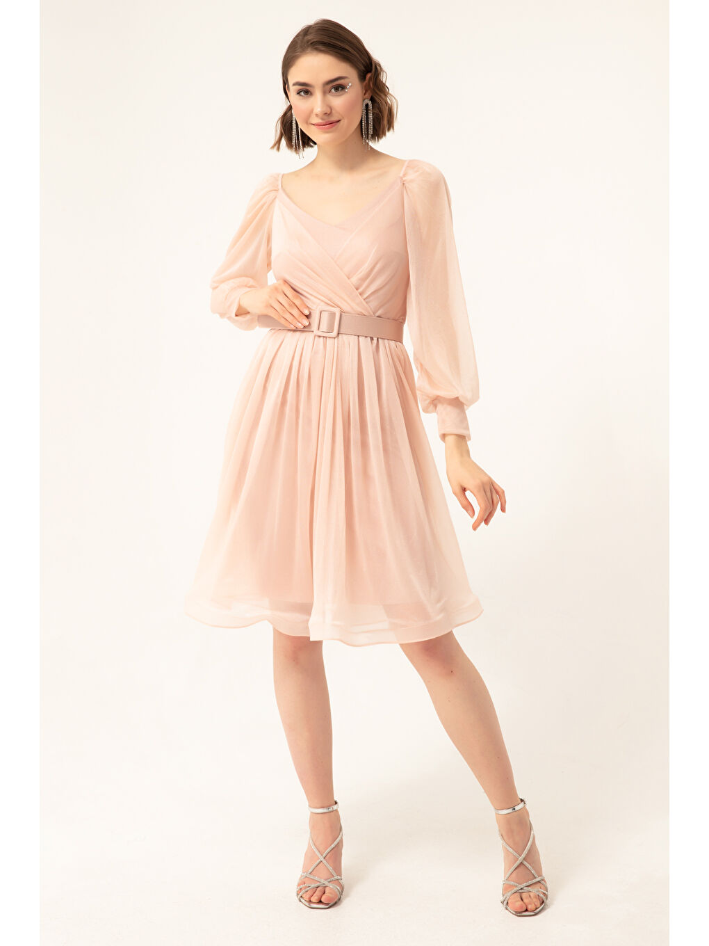 Pembe Kadın Pudra Kemerli Midi Simli Abiye Elbise-1