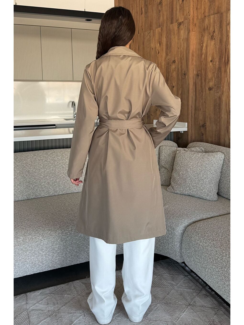 Bej Kadın Bel Kuşak Detaylı Trençkot-3