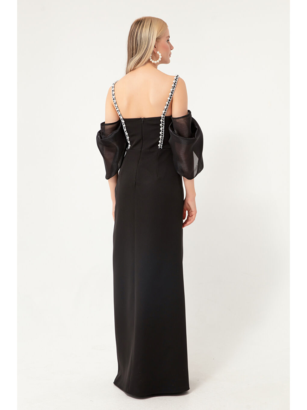 Kadın Siyah Prenses Kol Boncuk Askılı Organze Uzun Abiye Elbise-4