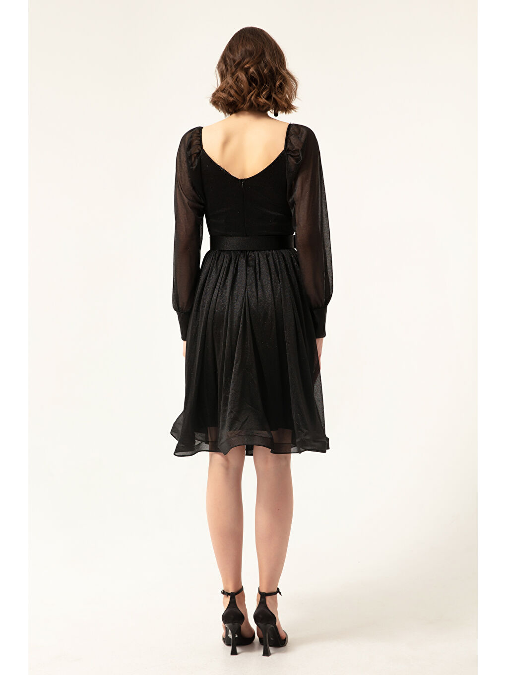 Kadın Siyah Kemerli Midi Simli Abiye Elbise-4