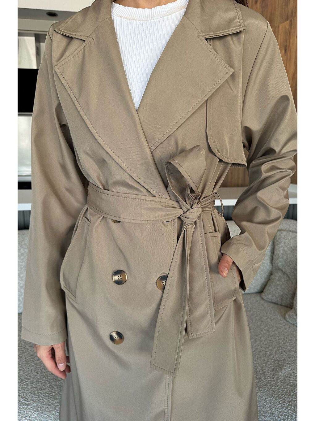 Bej Kadın Bel Kuşak Detaylı Trençkot-4
