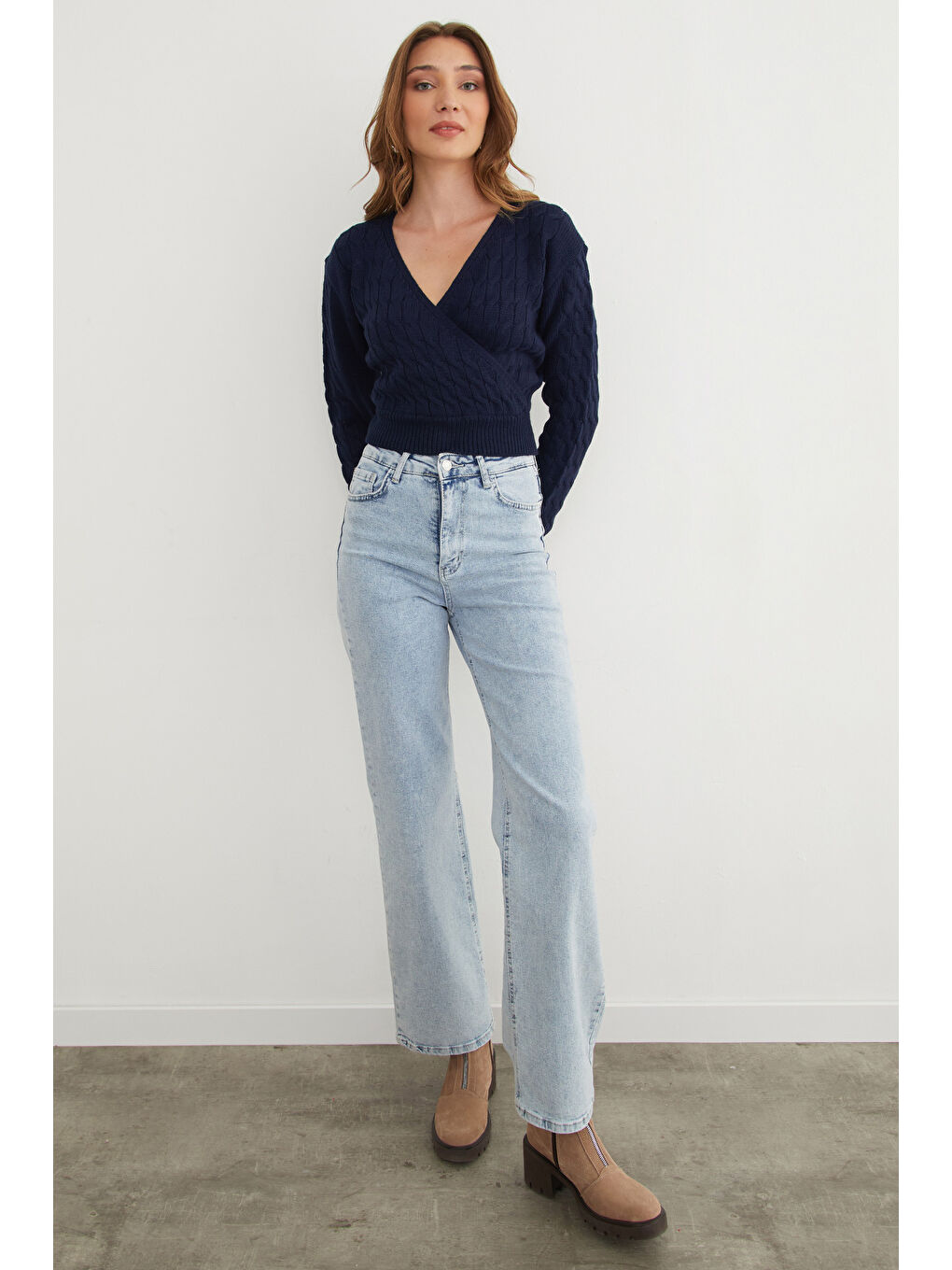 Lacivert Saç Örgüsü Desenli Kruvaze Yaka Triko Kazak-3