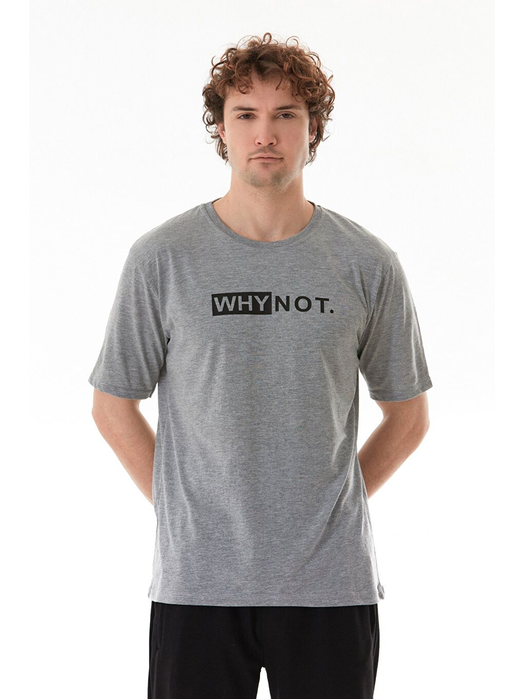 Gri Why Not Yazı Baskılı Bisiklet Yaka Tişört