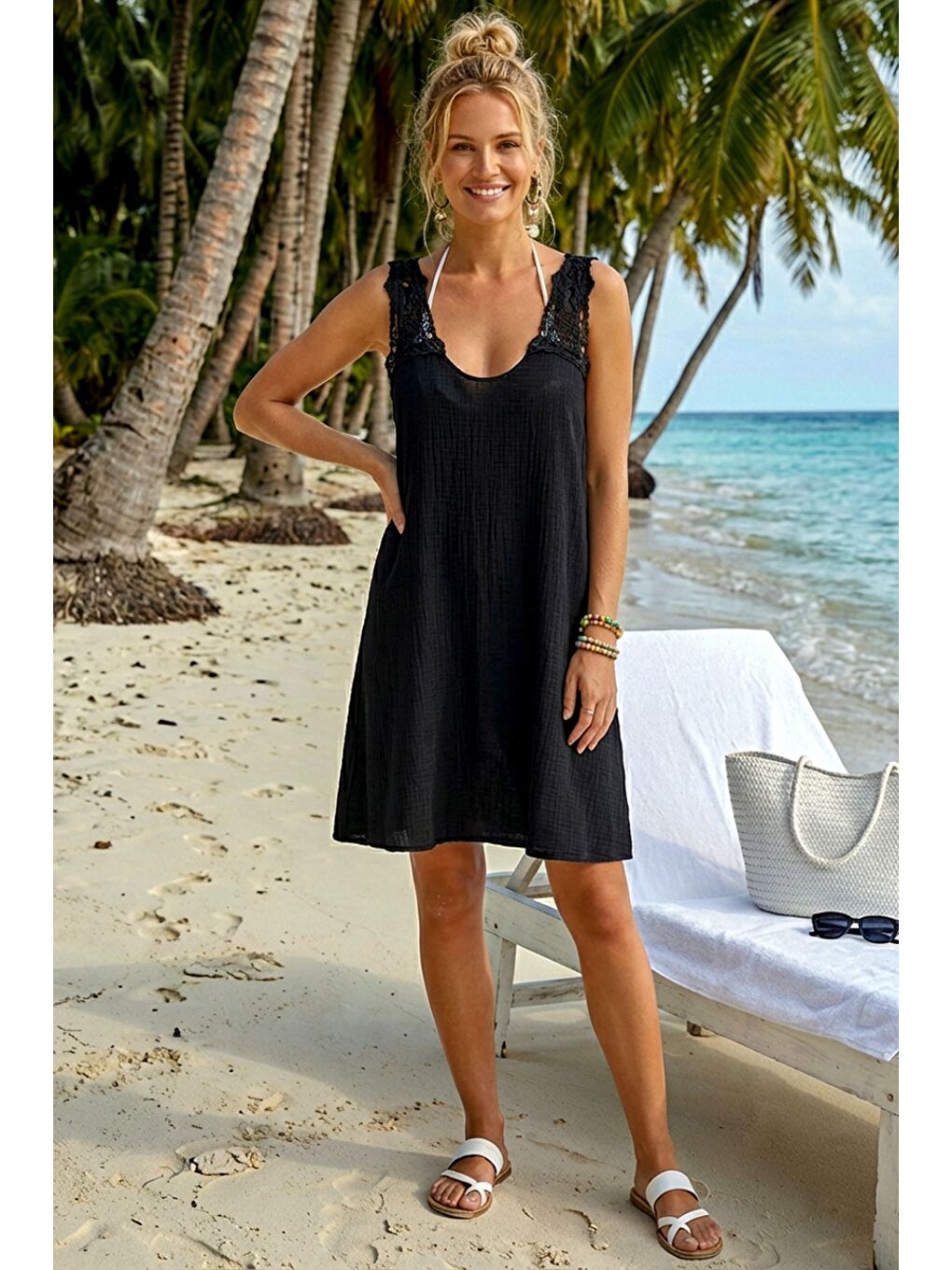 Siyah Havuz Yaka Kolsuz Dantelli Omuz Casual Müslin Dokuma Elbise 95 63-1