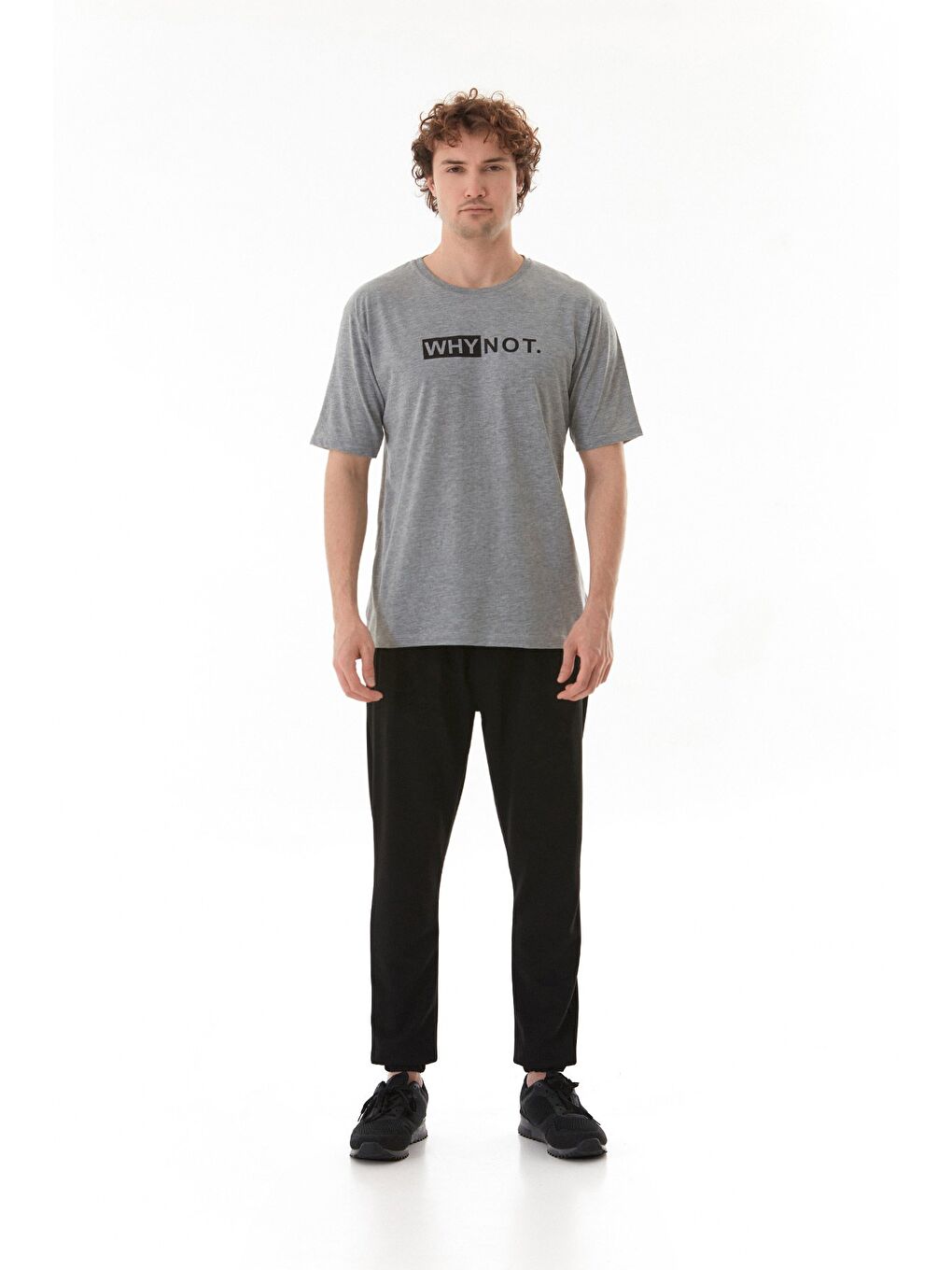Gri Why Not Yazı Baskılı Bisiklet Yaka Tişört-1