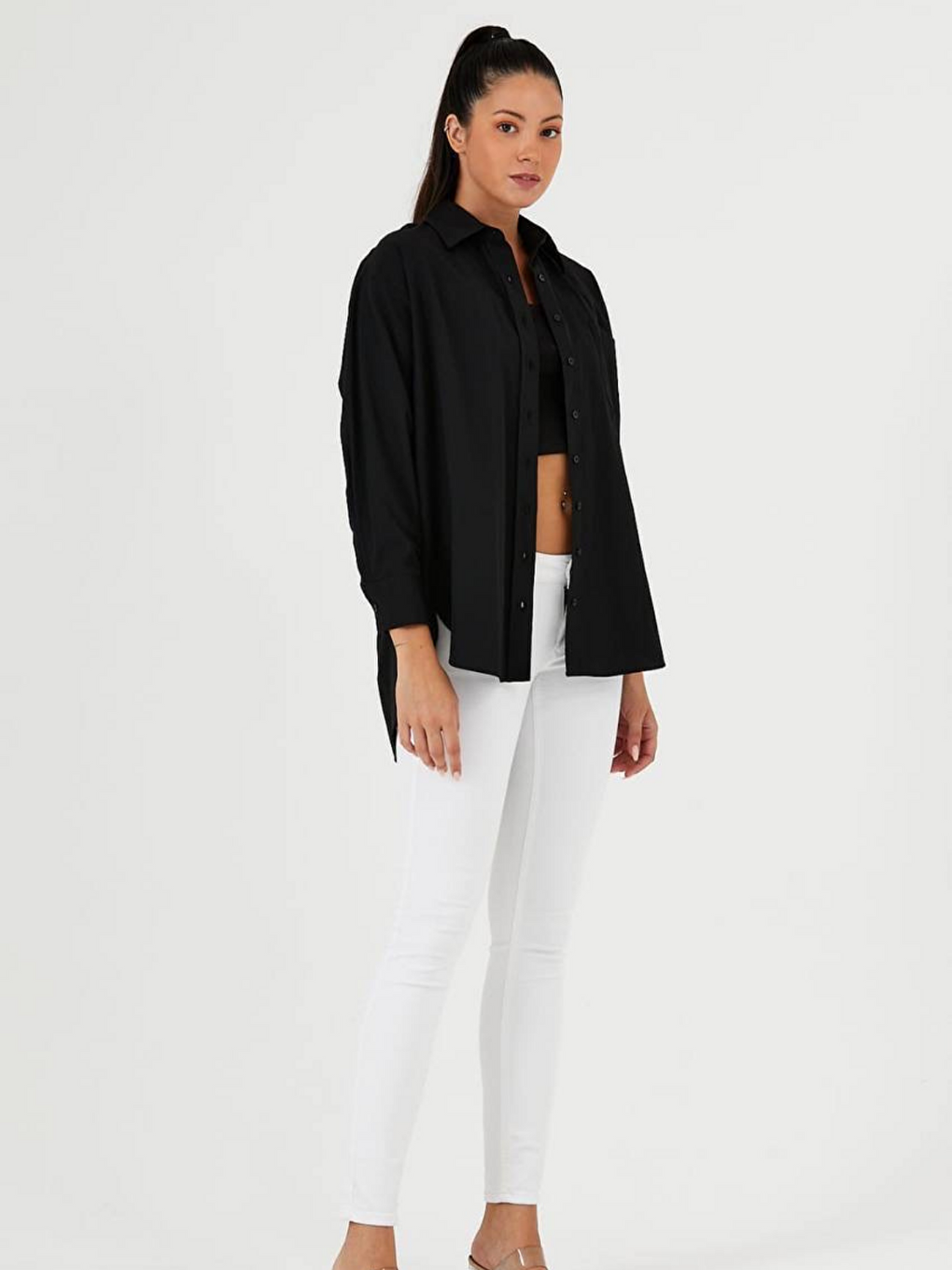 Siyah Oversize Arkası Uzun Önü Kısa Poplin Gömlek-1