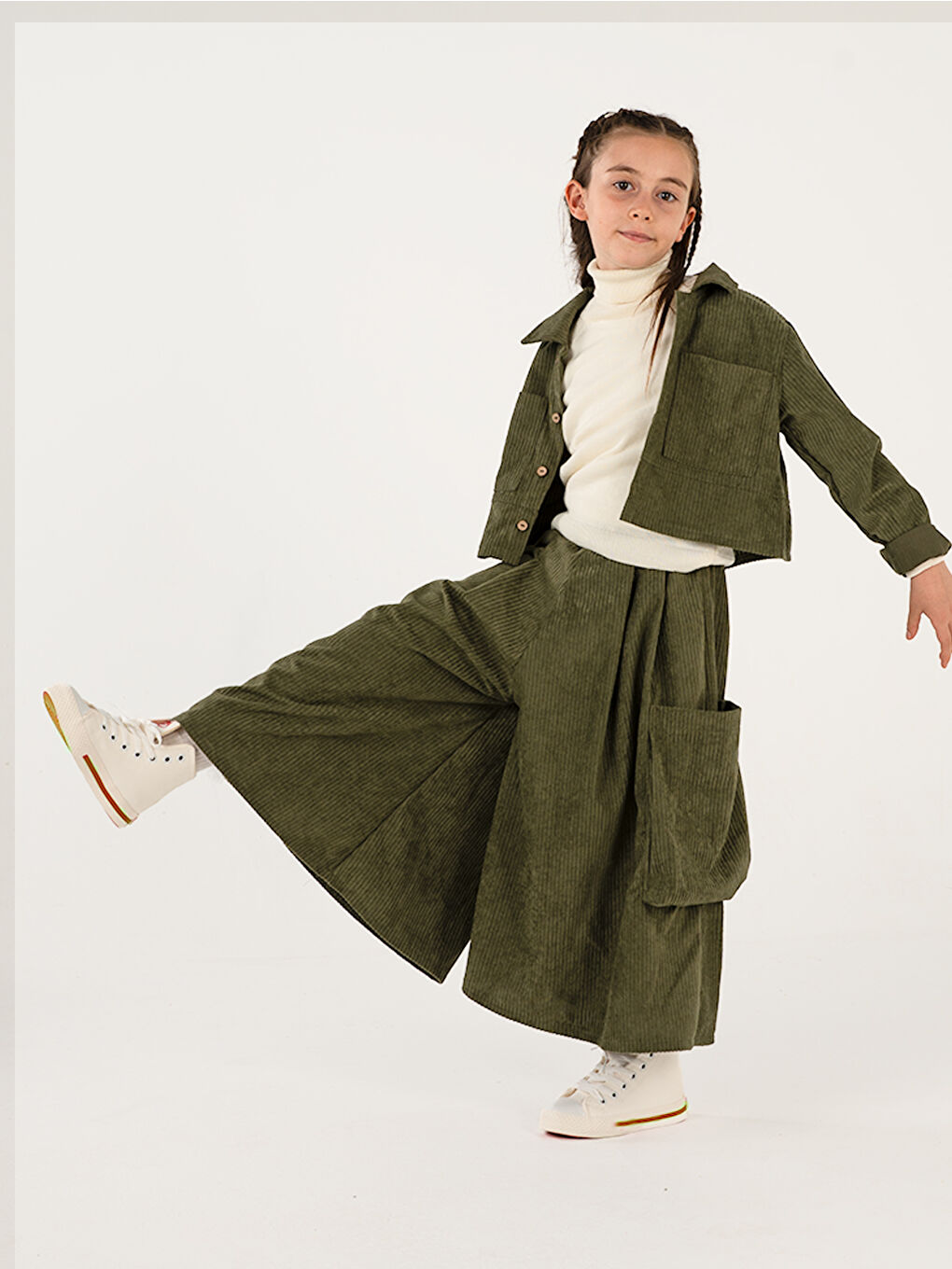 Kız Çocuk Haki Kadife Kali Pantolon Gömlek Takım-3
