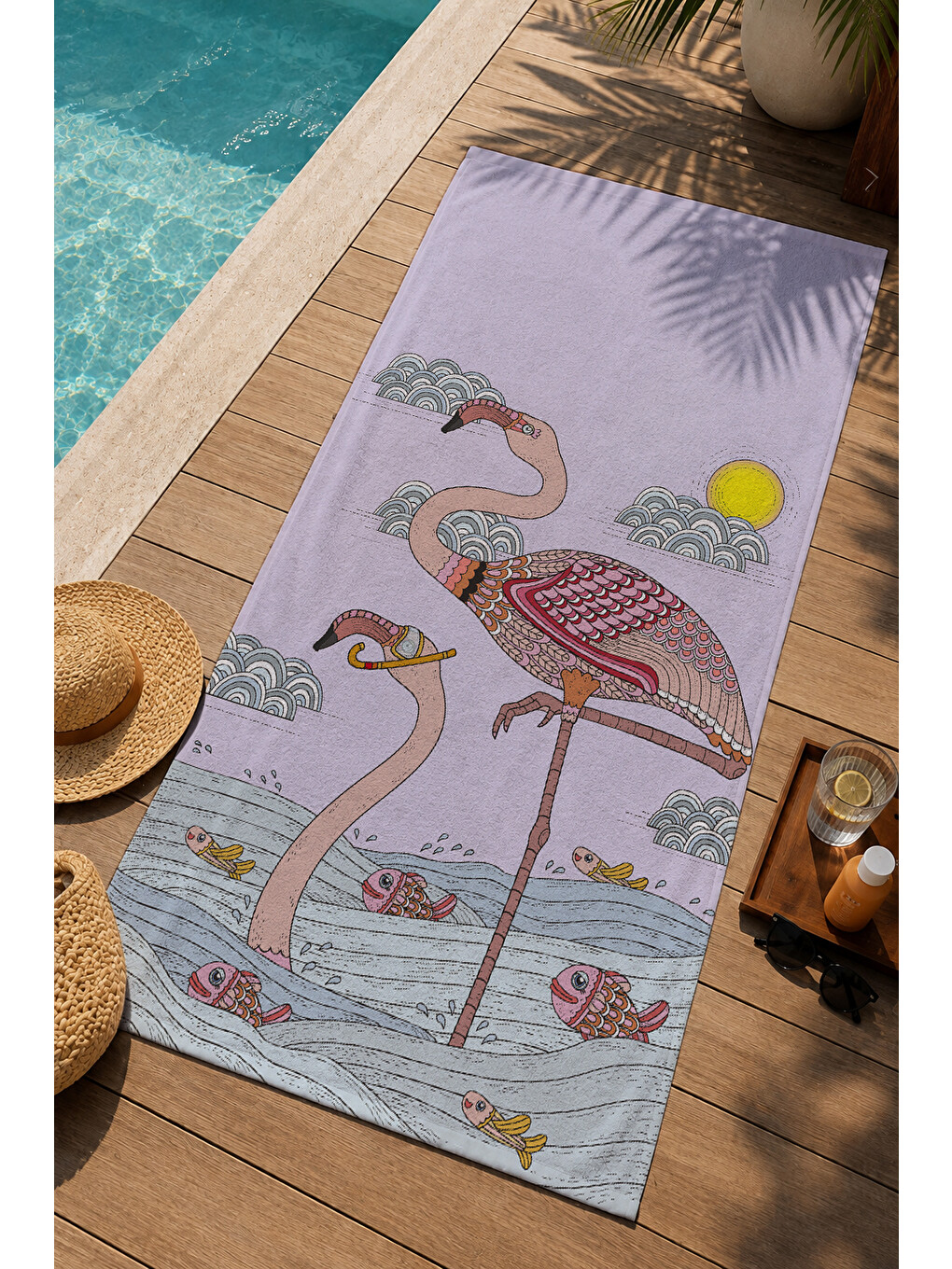 Beyaz Minimal Flamingo Ve Güneş Desenli 70x150 Cm Dijital Baskılı Plaj Ve Banyo Havlusu-2