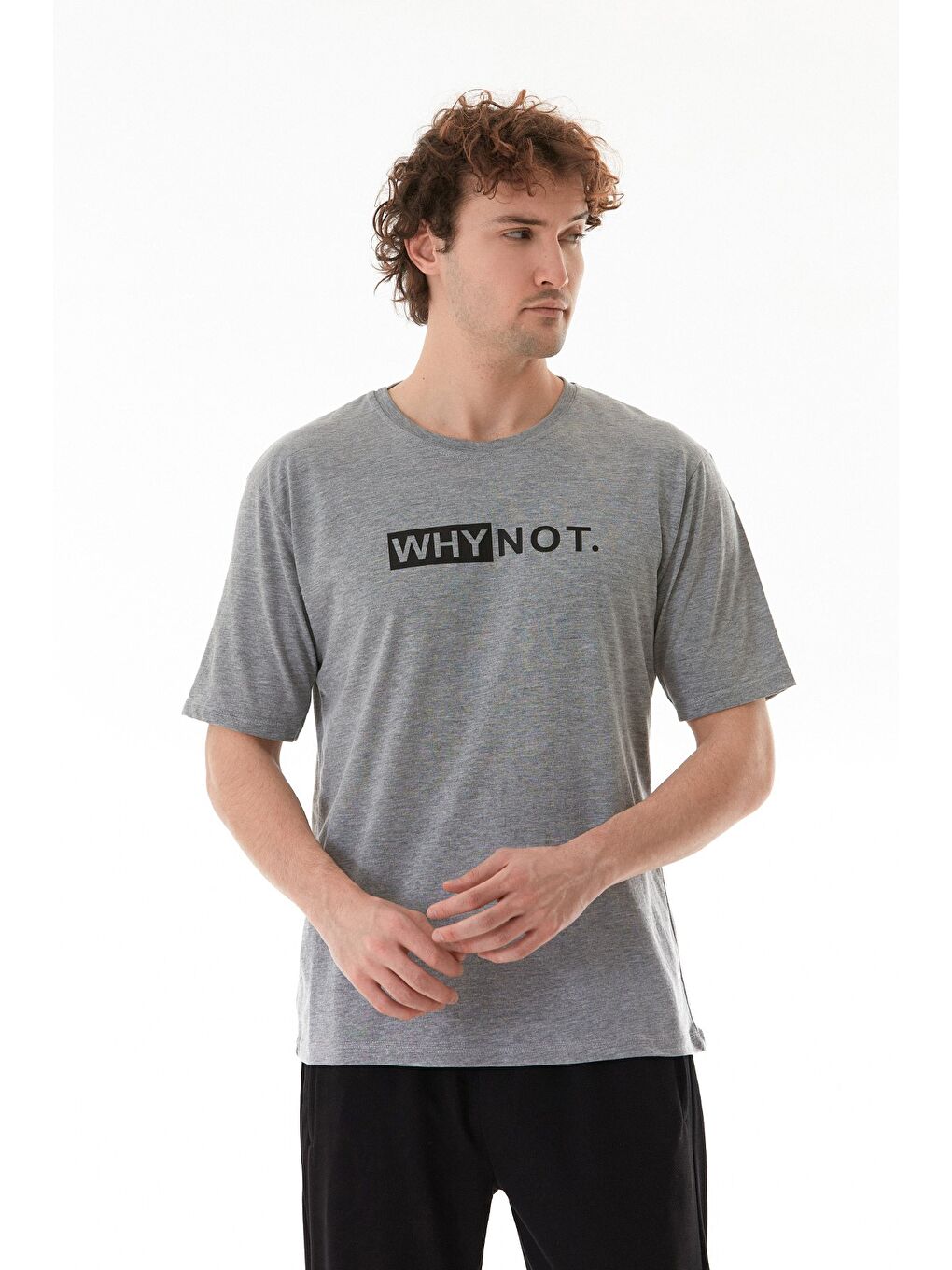 Gri Why Not Yazı Baskılı Bisiklet Yaka Tişört-2