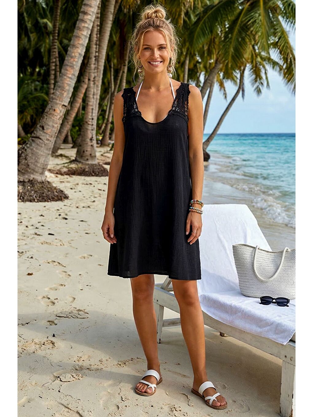 Siyah Havuz Yaka Kolsuz Dantelli Omuz Casual Müslin Dokuma Elbise 95 63-3