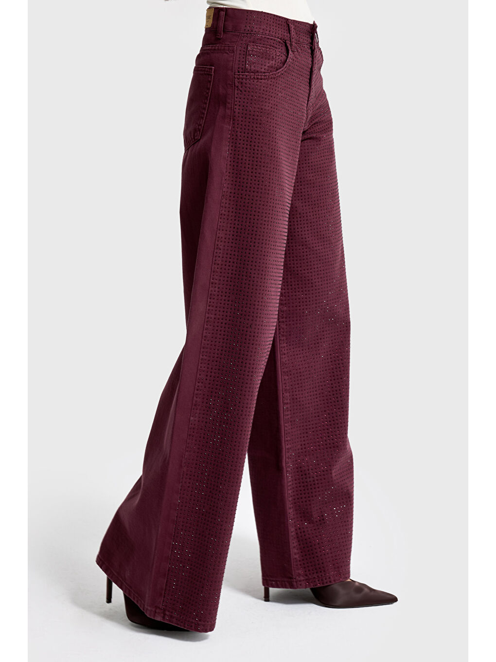 Kadın Bordo Renk T-6w5-122 Palazzo Fit Parlak Taşlı Özel Tasarım Denim Jean