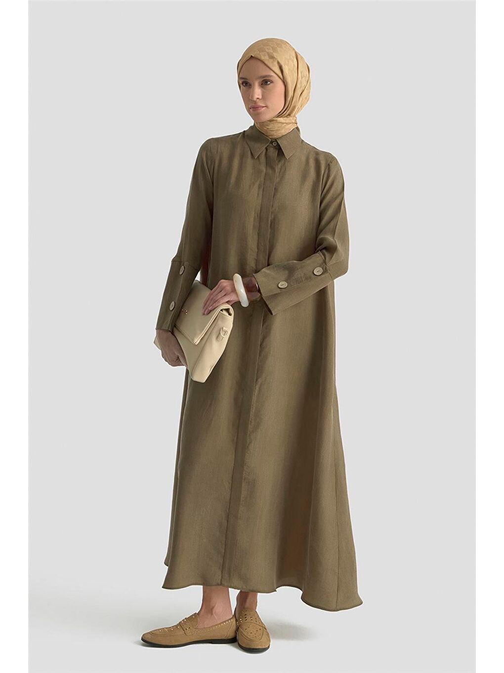 Büyük Manşetli Cupra Elbise 25K9851 Yağ Yeşili-1