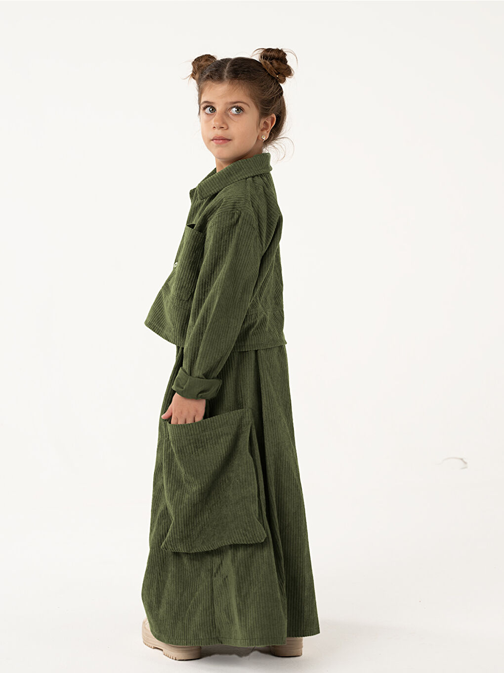 Kız Çocuk Haki Kadife Kali Pantolon Gömlek Takım-4