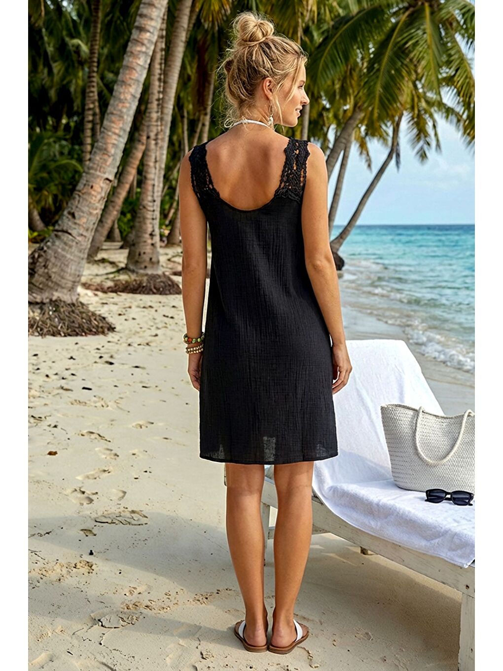 Siyah Havuz Yaka Kolsuz Dantelli Omuz Casual Müslin Dokuma Elbise 95 63-6