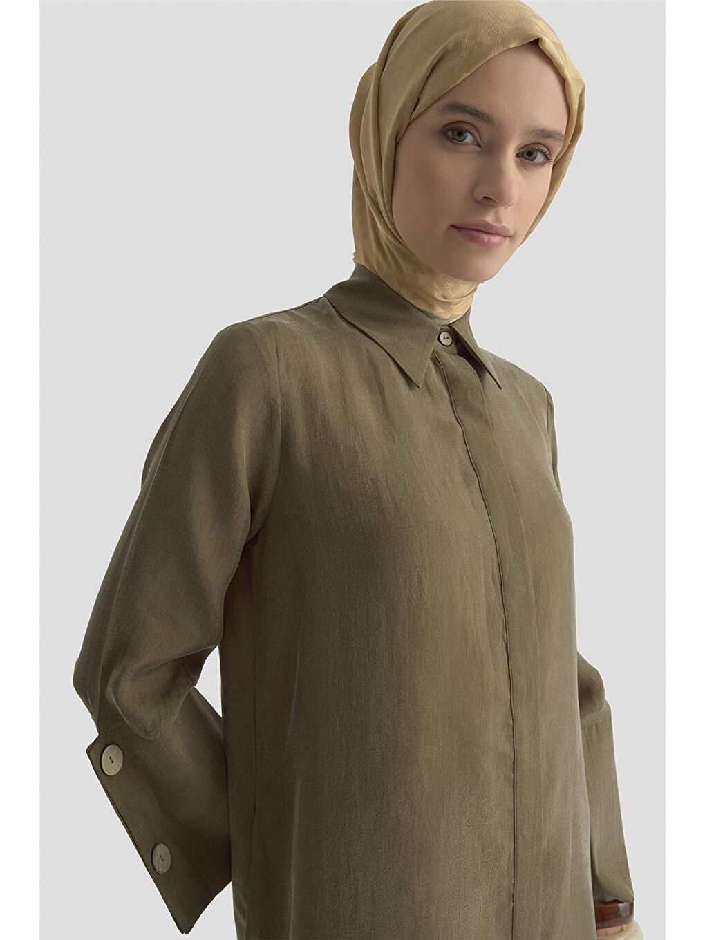 Büyük Manşetli Cupra Elbise 25K9851 Yağ Yeşili-2