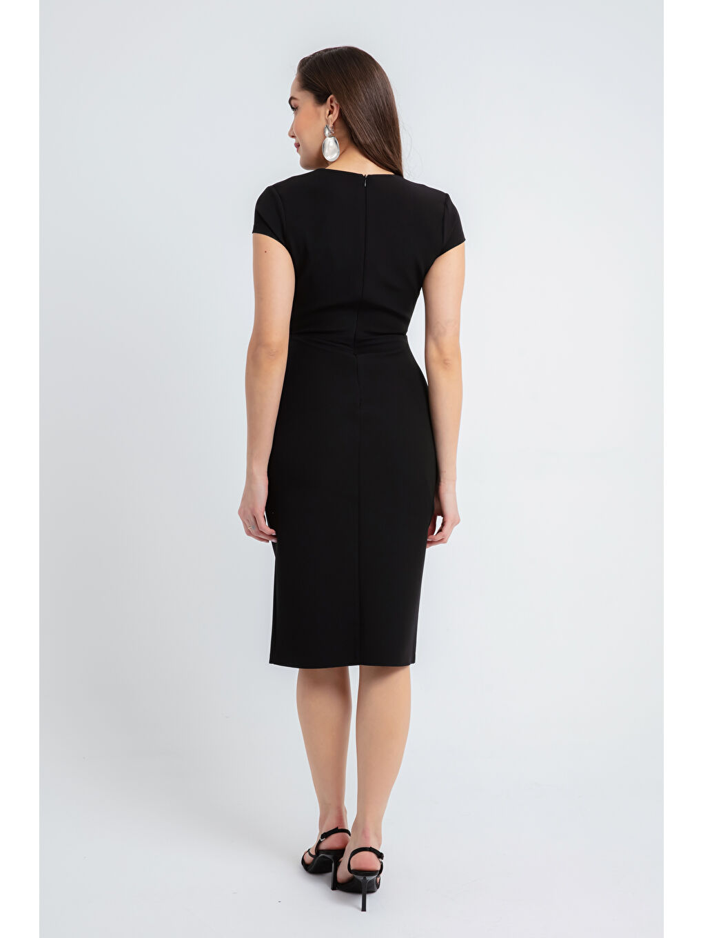 Kadın Siyah Kruvaze Yaka Taşlı Midi Abiye Elbise-4