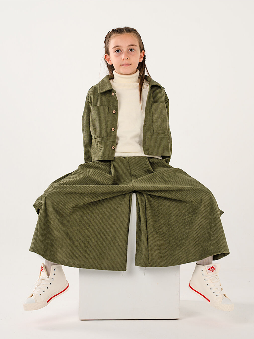 Kız Çocuk Haki Kadife Kali Pantolon Gömlek Takım-5
