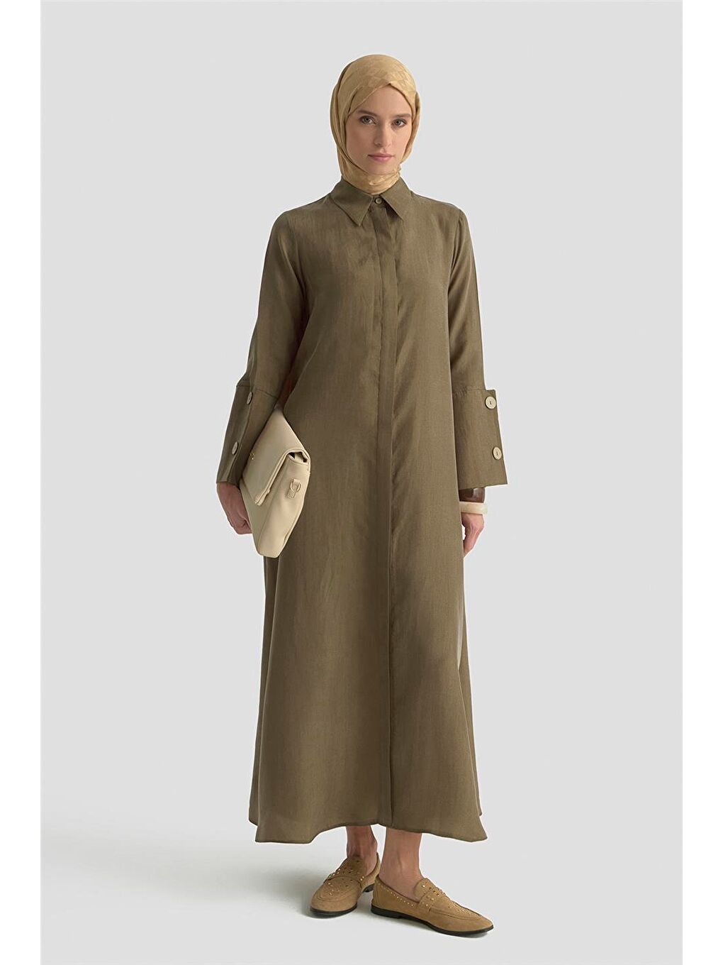 Büyük Manşetli Cupra Elbise 25K9851 Yağ Yeşili-3