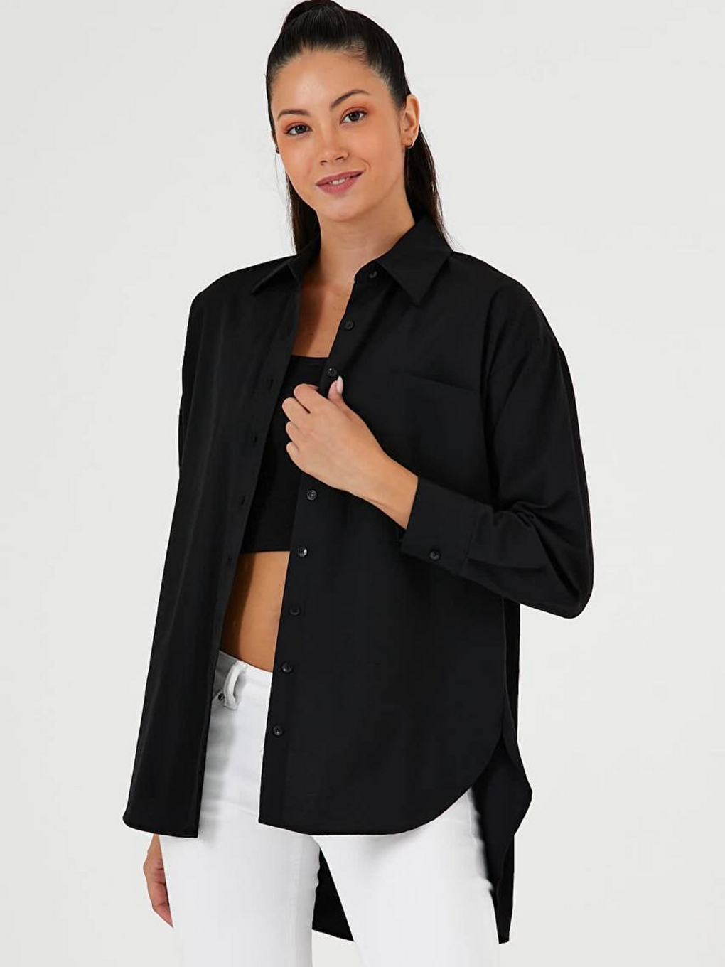 Siyah Oversize Arkası Uzun Önü Kısa Poplin Gömlek-3