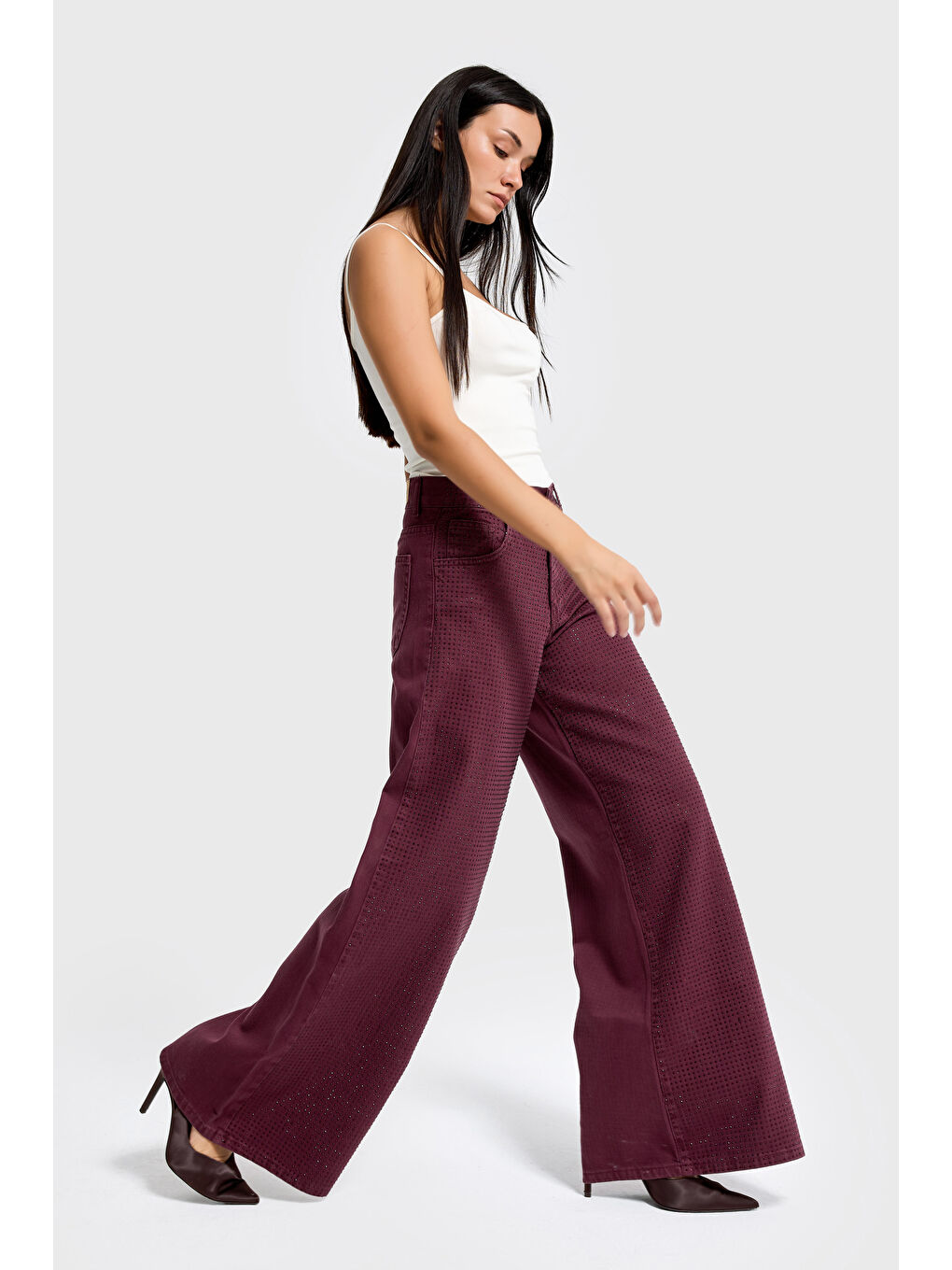 Kadın Bordo Renk T-6w5-122 Palazzo Fit Parlak Taşlı Özel Tasarım Denim Jean-3