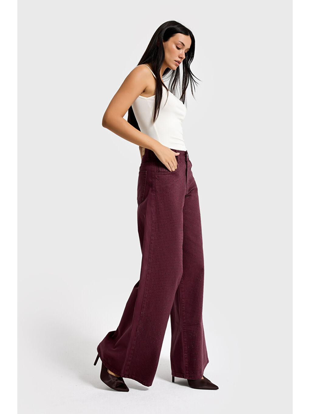 Kadın Bordo Renk T-6w5-122 Palazzo Fit Parlak Taşlı Özel Tasarım Denim Jean-4