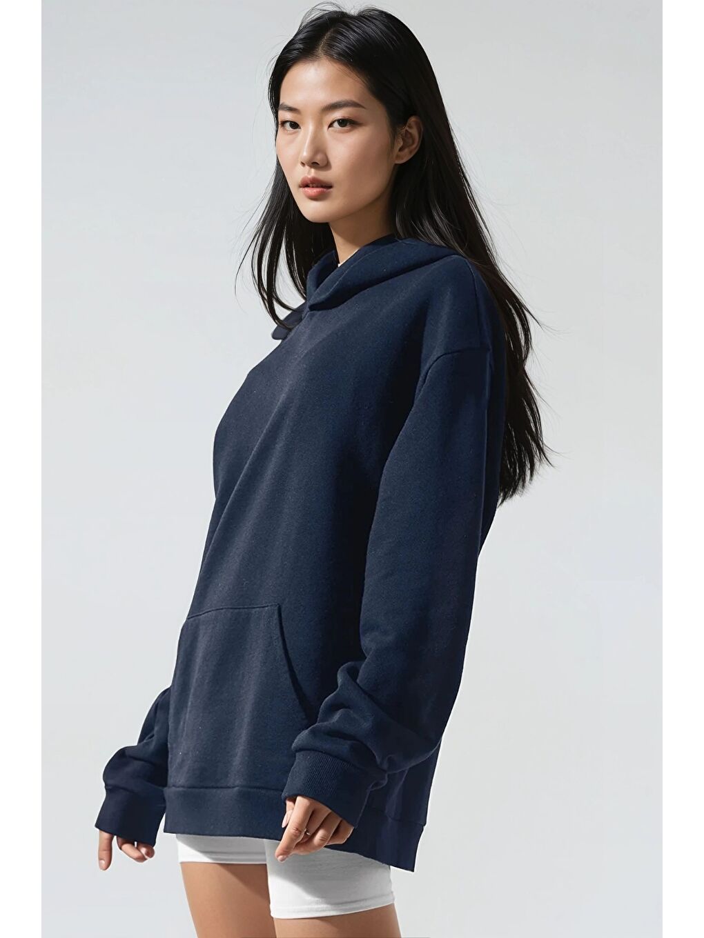 Oversize Lacivert Kapüşonlu Modal Kumaş Sweatshirt