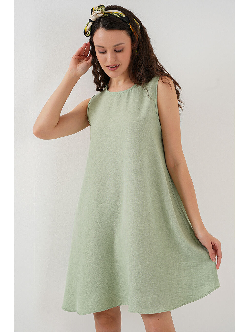 2444 Mini Keten Elbise - E.Yeşil