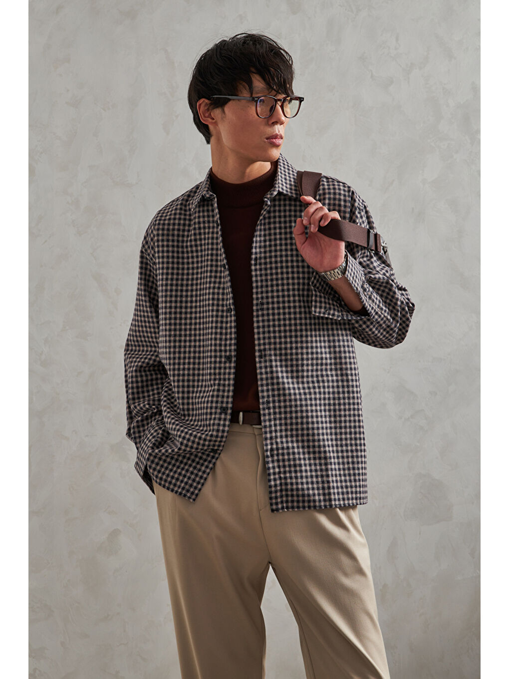 Ekru Erkek Oversize %100 Pamuk Ekose Gömlek