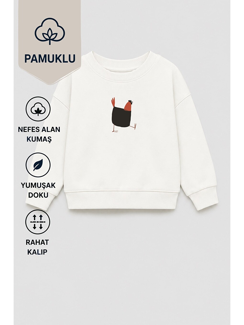 Ekru Unisex Çocuk 3 İplik Kumaş Pamuklu Tavuk Baskılı Sweatshirt-1