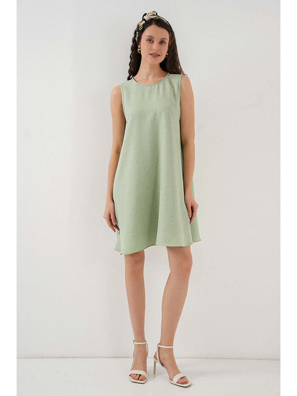 2444 Mini Keten Elbise - E.Yeşil-1