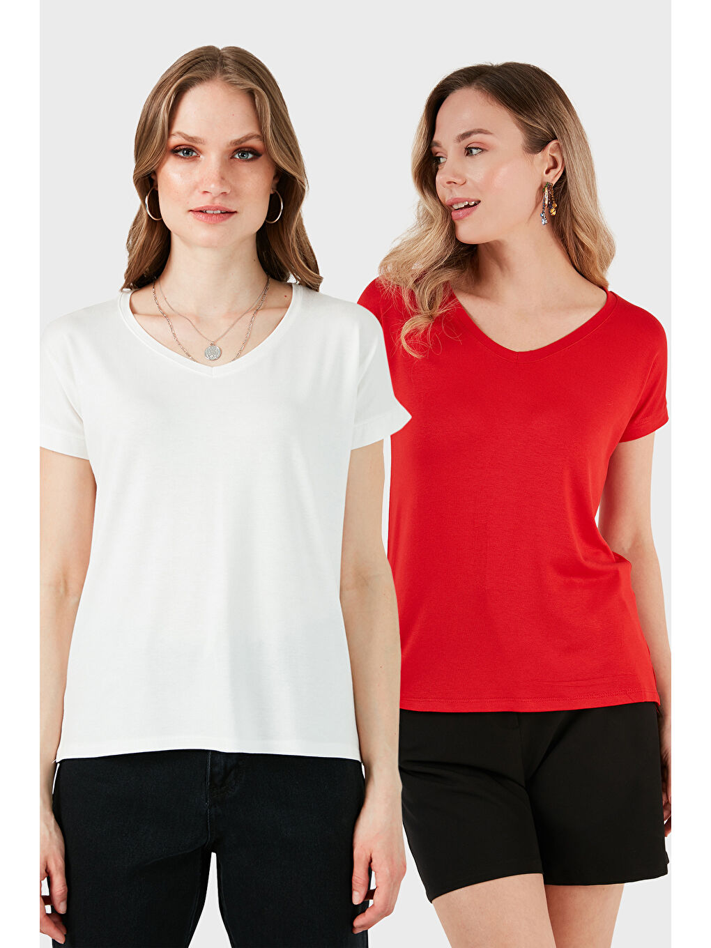 Lila V Yaka Relaxed Fit Yırtmaç Detaylı 2'li Paket Bluz 5862000S2