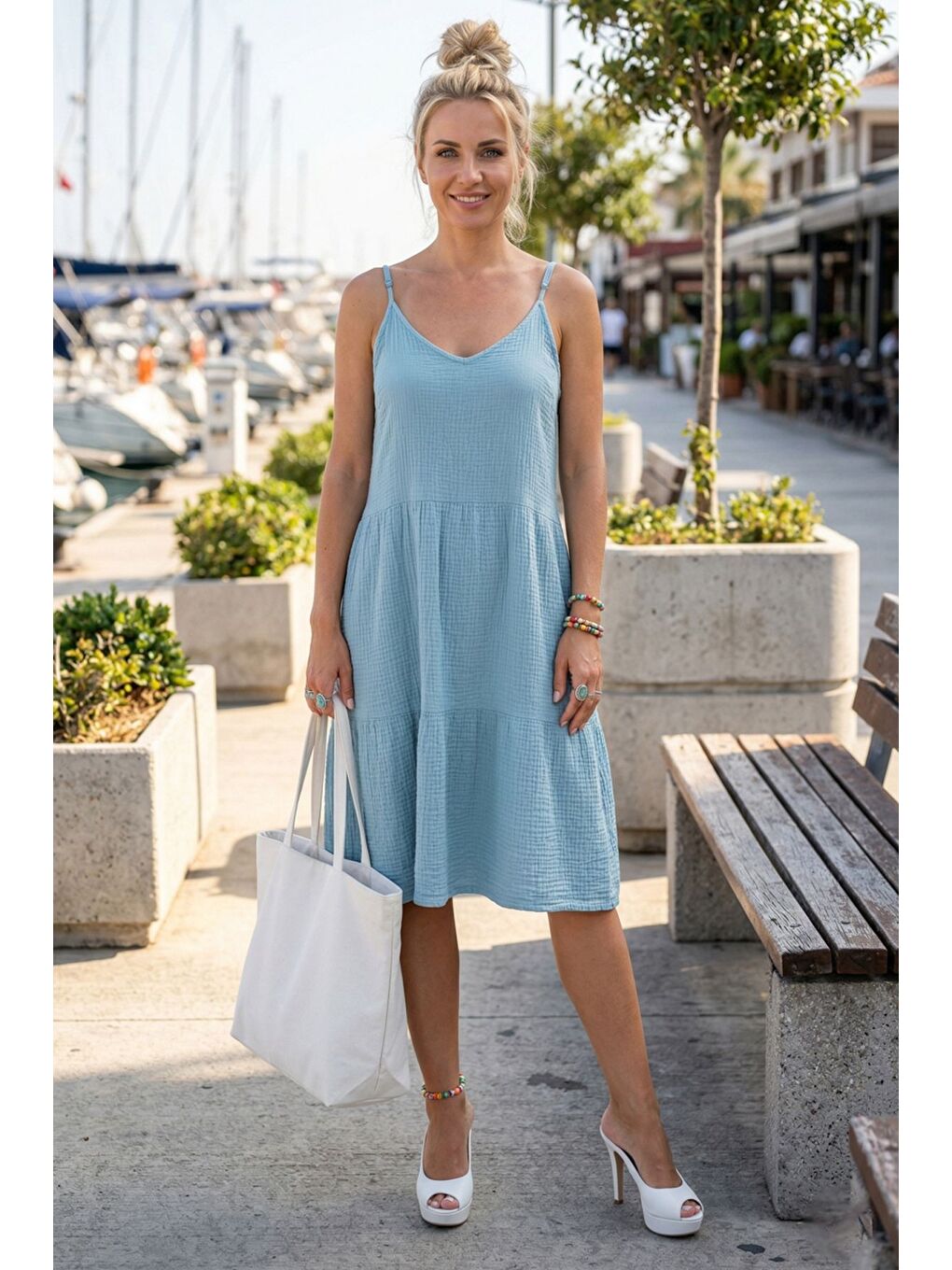 Açık Mavi Askılı Eteği Fırfırlı Ayarlanabilir Askılı Casual Müslin Dokuma Elbise 98 55