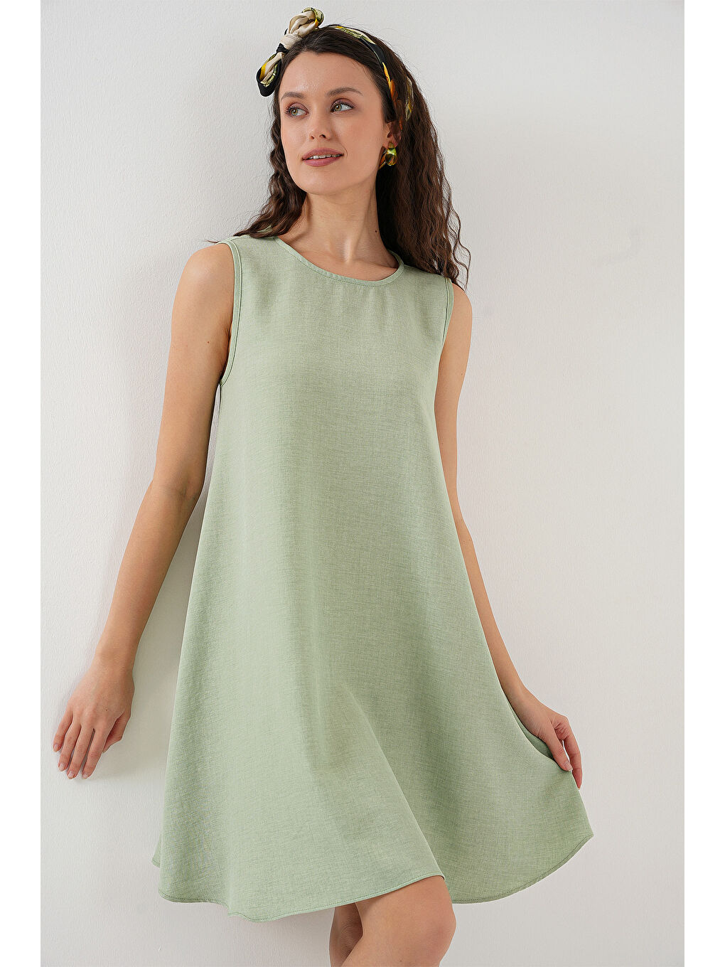 2444 Mini Keten Elbise - E.Yeşil-2