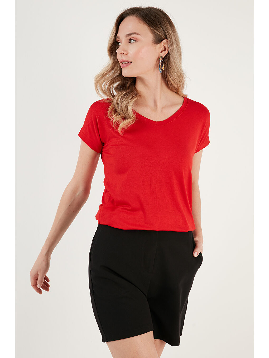 Lila V Yaka Relaxed Fit Yırtmaç Detaylı 2'li Paket Bluz 5862000S2-2