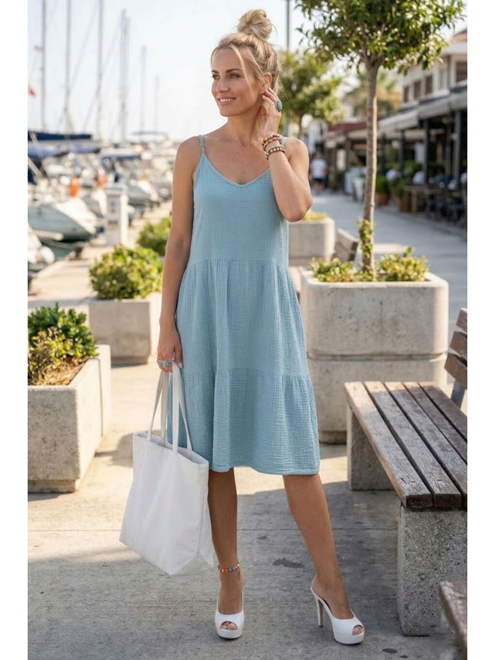 Açık Mavi Askılı Eteği Fırfırlı Ayarlanabilir Askılı Casual Müslin Dokuma Elbise 98 55-1