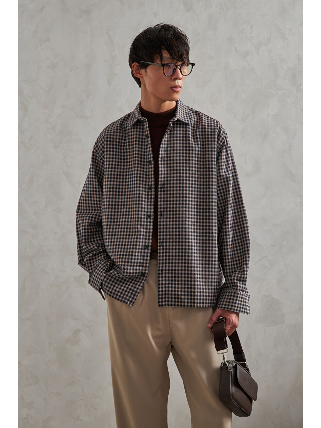 Ekru Erkek Oversize %100 Pamuk Ekose Gömlek-1