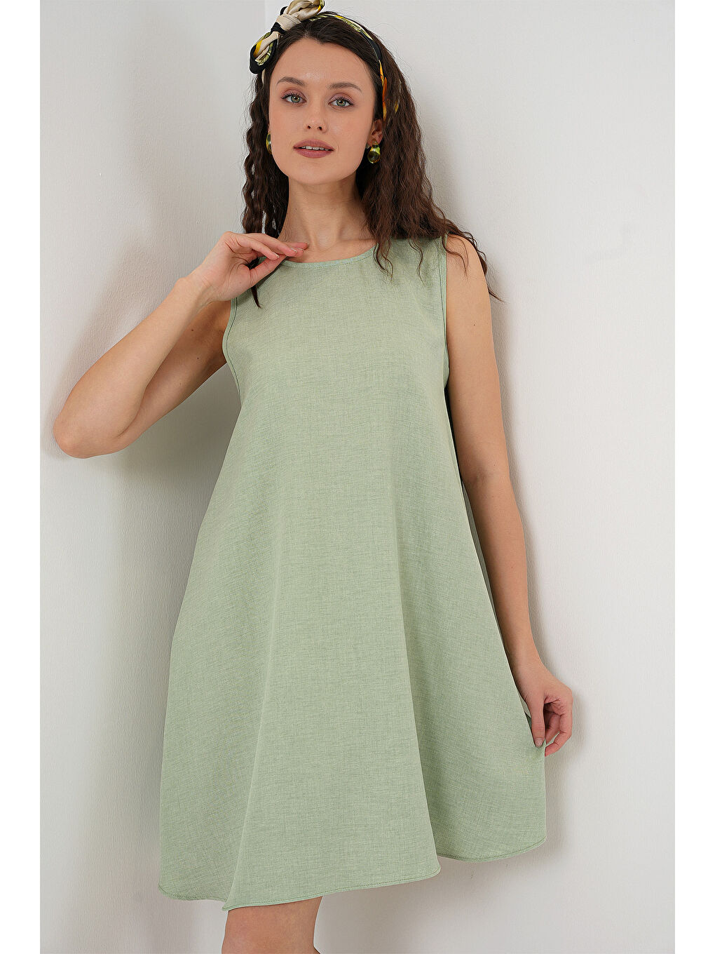 2444 Mini Keten Elbise - E.Yeşil-3