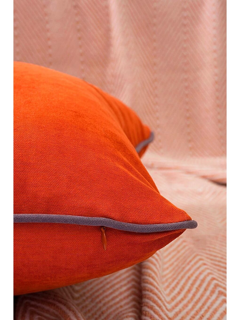 Renk Seçenekli Gri Biyeli Turuncu Kırlent Kılıfı Dekoratif Düz Sade Punch Panoroma Panbiy-2